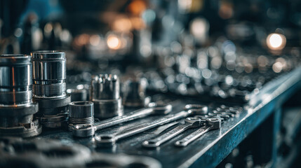 Automotive engine close-up with tools on workbench, precision and craftsmanship in focus