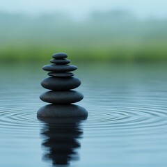 A serene stack of balanced stones sits in calm water, reflecting the tranquil scene.