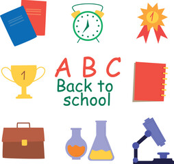 Student and learning icons including exam paper, pencil sharpener, textbook, calendar, and stationery in vector style