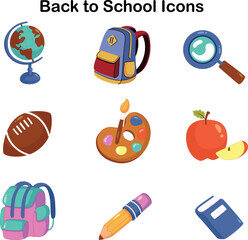 Academic season icon set including school timetable, homework planner, classroom tools, and educational gear