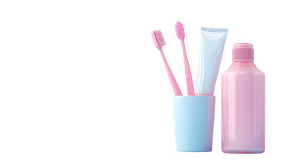 Cleaning and personal care products including toothbrushes, toothpaste, and mouthwash pastel pink and blue colors, arranged minimalist style with transparency background, evoking freshness