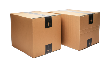 Two cardboard boxes taped shut, ready to ship