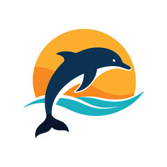 Fototapeta premium Dolphin jumping with ocean wave and sunset sky in tropical evening light 