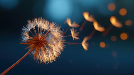 Obraz premium Artistic Capture of Dandelion Seeds Drifting Gracefully in Midair