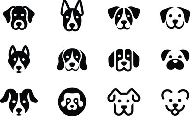 Silhouette vector art of cartoon dog face collection including cute expressions, rounded head shapes and markings