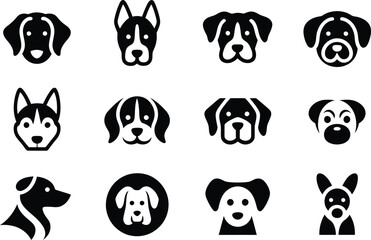 Silhouette vector badge collection of dog mascot faces in circle shapes showing young pet illustrations