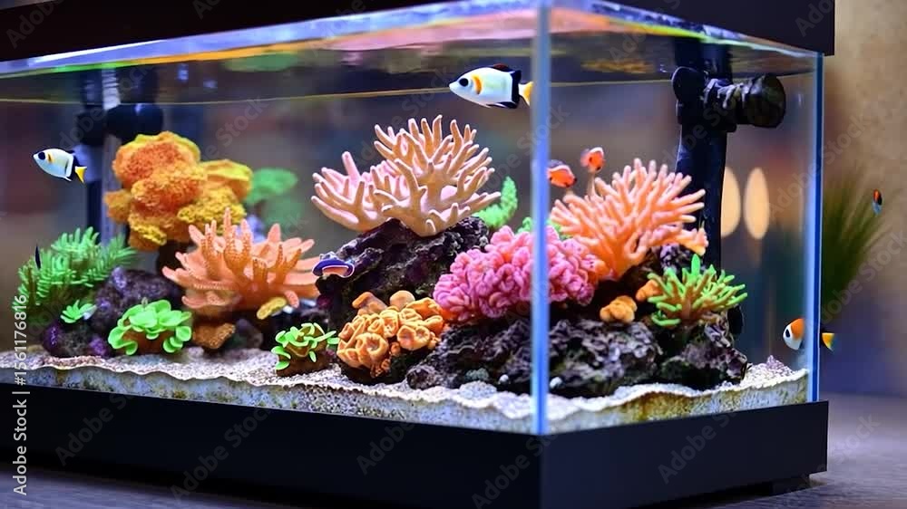 Poster vibrant aquarium scene with colorful coral and exotic fish illuminated by soft lighting. the tank is