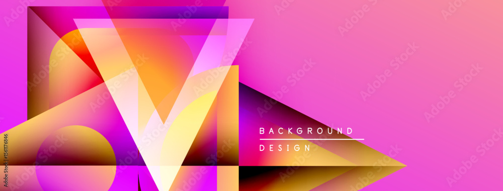Poster Abstract geometric design. Vibrant pink background features overlapping shapes, gradients, dynamic composition. Modern visual element.