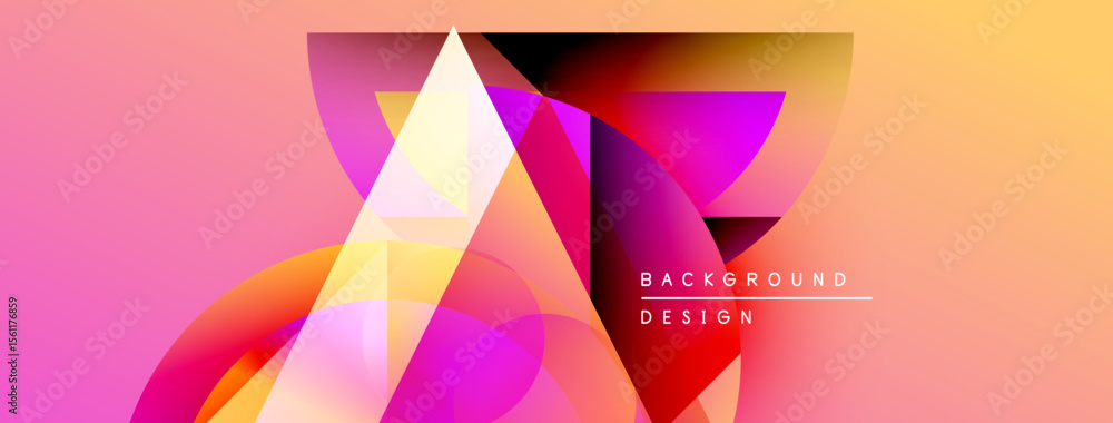 Poster abstract geometric shapes overlap, creating vibrant color gradients. pink, yellow, magenta blend smo