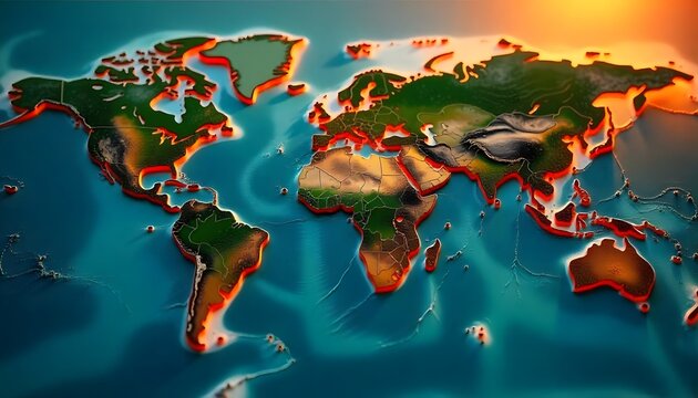 Realistic topographic world map showing elevation using contour lines and gradients of green, brown, and blue, without political borders.