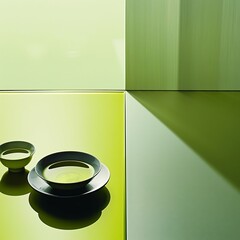 Minimalist kitchenware display with vibrant green tones and precise geometric arrangement