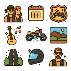 Fototapeta premium Made in USA motorcycle road trip icons for an epic American adventure, suitable for travel blogs, patriotic designs, or marketing materials.