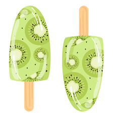 Popsicle with kiwi cartoon. Ice cream illustration. Can be used for wallpaper, sticker, summer theme element, food element.