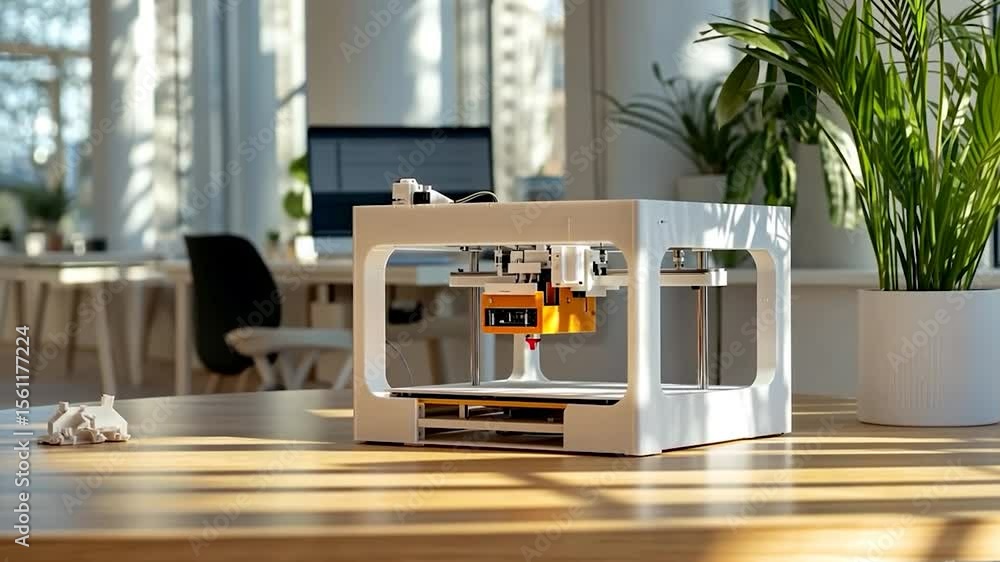 Poster generic 3d printer on a wooden table in bright office setting with indoor plants and blurred backgro