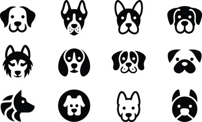 Silhouette vector art of playful face icons of cute dog characters showing ears, tongue, smiles and friendly expressions