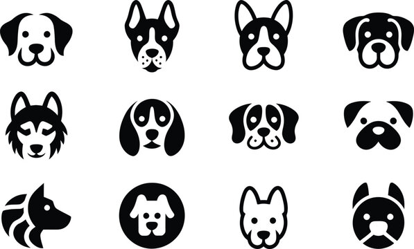 Silhouette vector art of playful face icons of cute dog characters showing ears, tongue, smiles and friendly expressions