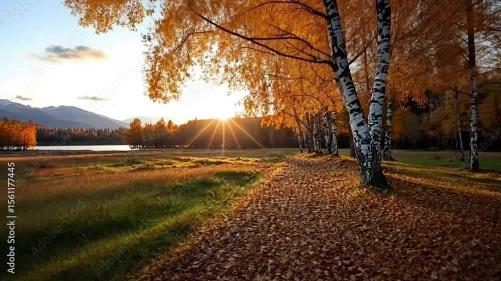 Poster a path of fallen leaves leads towards a lake and a mountain range illuminated by the warm light of a