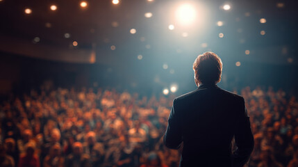Fototapeta premium A presenter commands the stage, exuding confidence and expertise in a corporate setting.