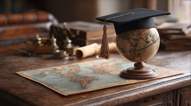 A vintage globe wearing a graduation cap sits on an old wooden desk beside an antique map and historical objects, symbolizing education and exploration.