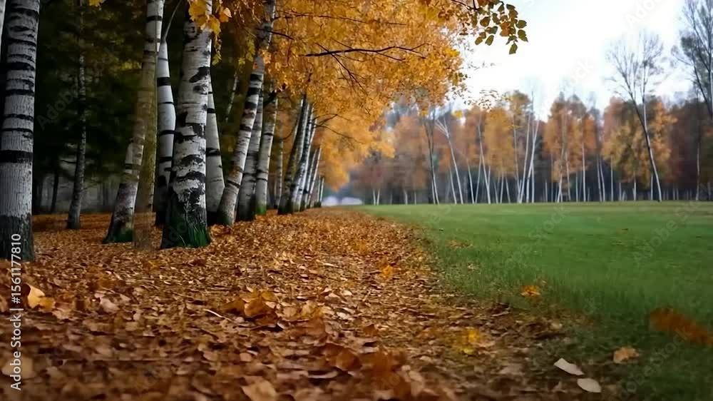 Poster autumnal landscape with a line of birch trees transitioning into golden foliage with a field of gree