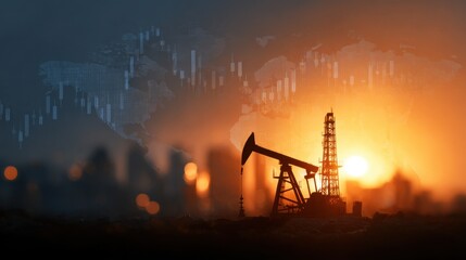 Industrial Oil Platform Against Stock Market Background at Sunset