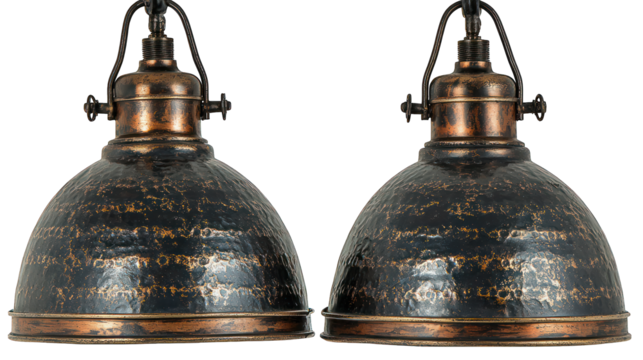 Two vintage-style, distressed metal pendant lights