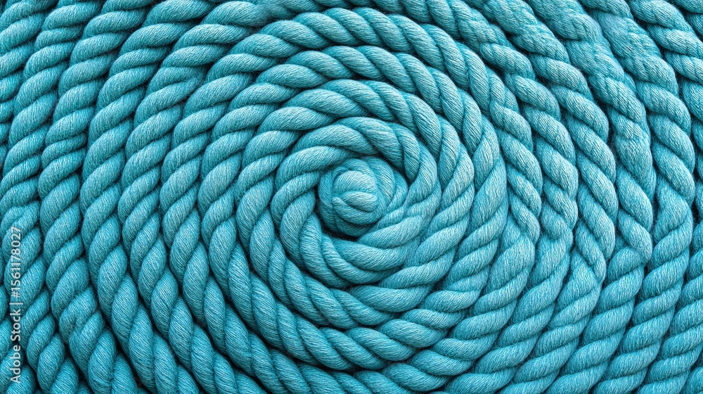 Poster close-up view of teal colored rope intricately arranged in a spiral pattern. textured and abstract d