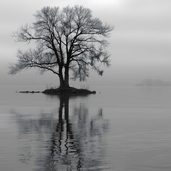 Monochrome Tranquility: A Solitary Tree Reflected in Misty Waterscape Serenity