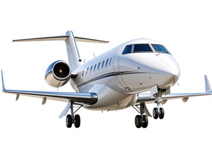 Angled Perspective of Luxurious Private Jet Approaching with Sunlight Reflection, White Background PNG