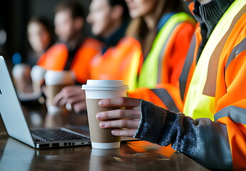 A group of construction workers holding coffee