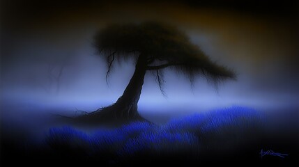 Mystical Willow Tree Silhouette in a Dreamy Blue Landscape with Artistic Hues