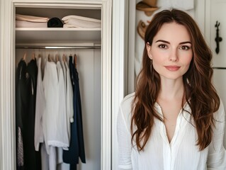 Modern Bathroom with Walk-In Closet and White Walls Featuring Minimalist Design
woman choosing clothes in shop