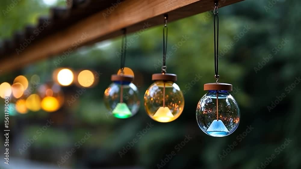 Poster close-up of decorative hanging glass lanterns with colorful illumination against blurred bokeh light