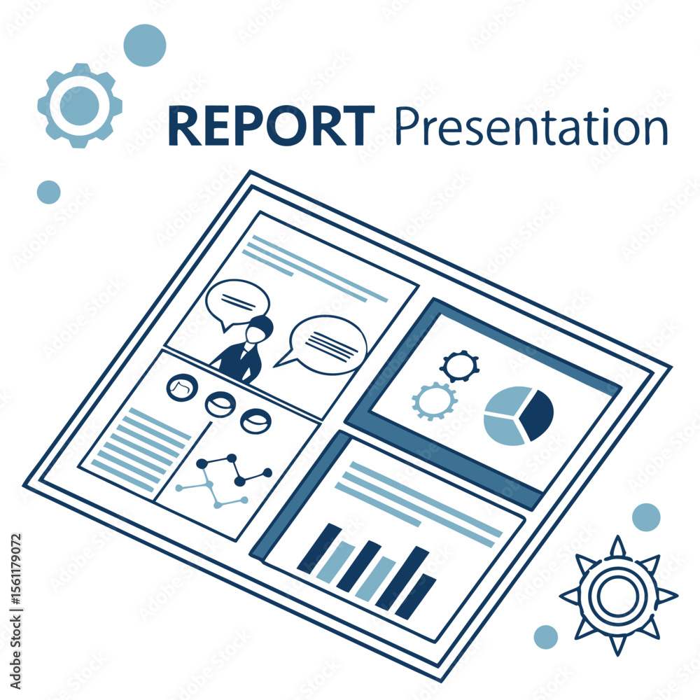 Poster illustration of a report presentation with charts graphs and dialogue bubbles and gears on a white b