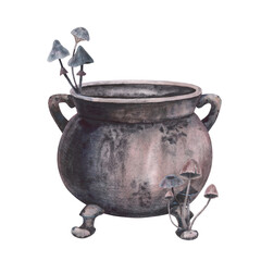 Witch's cauldron with with mushrooms toadstool isolated on white background. Watercolor hand drawn dark fantasy sketch illustration. Art design mystical halloween witch decoration, scary greeting card