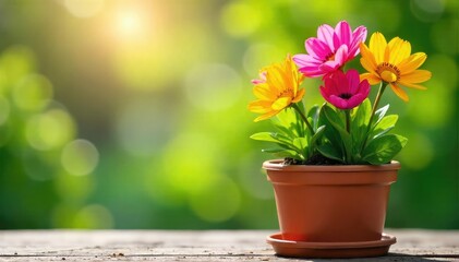 A cheerful springtime scene featuring colorful flowers freshly planted in a terracotta pot, ready to bloom Sunlight bathes the vibrant blossoms and lush green foliage , spring, green