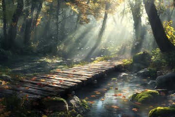 A classic timber footbridge with weathered planks crosses a shallow forest stream, surrounded by fallen leaves, mossy rocks, and dappled sunlight filtering through dense trees 