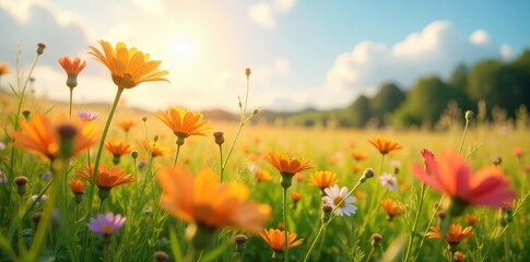 Naklejka premium A vibrant, sun-drenched field of wildflowers swaying gently in the breeze, a picturesque summer scene perfect for any project needing a touch of nature's beauty , natural, sunshine
