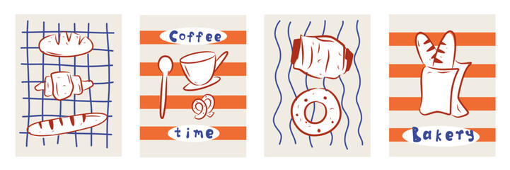 Collection of Retro Kitchen wall art. Cute food Poster template. Interior posters set. Editable vector illustration. Vintage wall decor frame. Pastry bakery doodle inspiration for cafe menu design. 