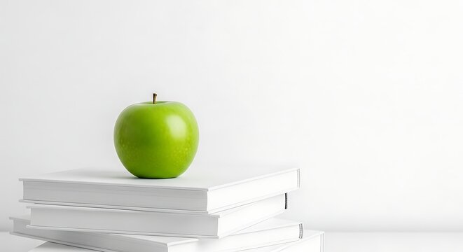 Green apple on stack of books against white background symbolizing education