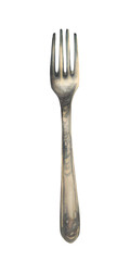 Metal fork watercolor hand drawn illustration Vintage kitchen cutlery top view. Realistic tableware made of nickel silver for restaurant menu, food cooking book recipe Clipart isolated from background