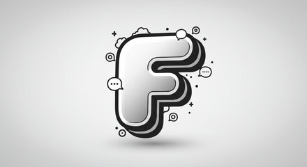 Creative metallic letter F initial with hand-drawn social media icons. Abstract typography illustration for digital communication and online networking.