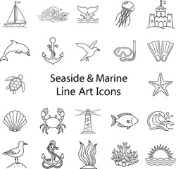 Naklejka premium Seascape Line Art Icons: Nautical, Marine, and Coastal Illustrations for Design