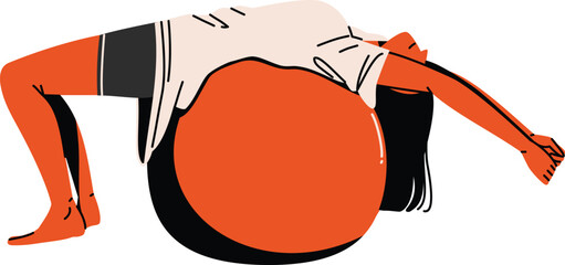 Detailed pose of a woman stretching her spine using a large pilates ball great for posture and rehab visuals.