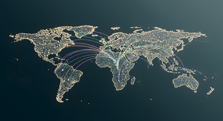 Global Network Visualization World Map with Interconnected Routes and Lights