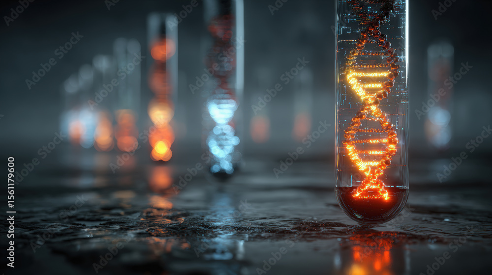 Poster a futuristic scene showing glowing dna double helix structures inside transparent test tubes on a re