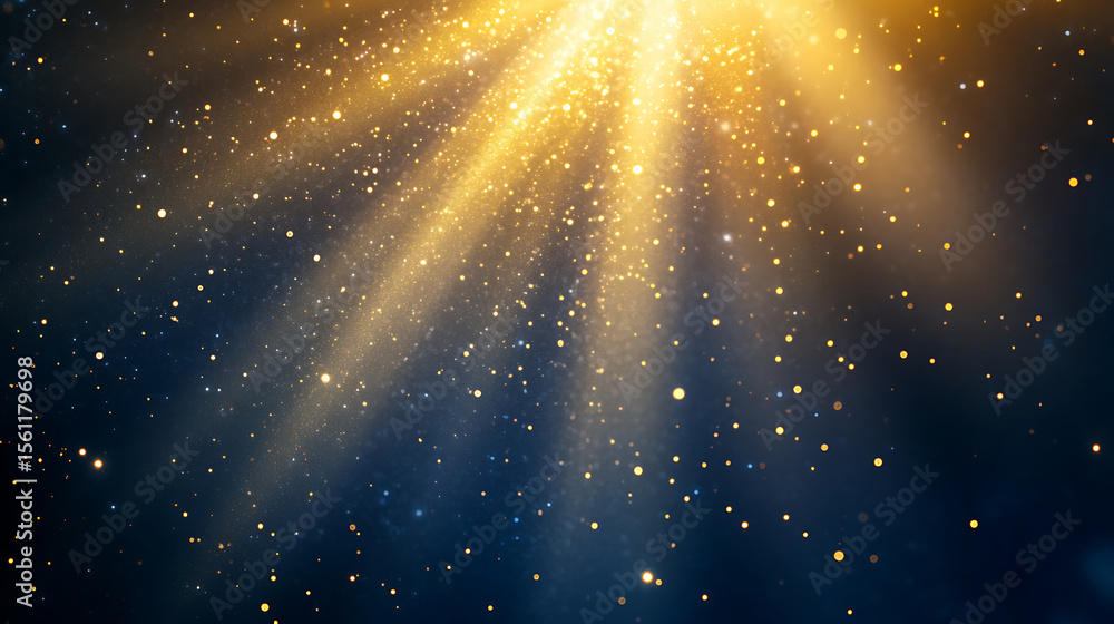 Aufkleber elegant gold light rays and sparkling dust particles against a deep blue backdrop creating a magical