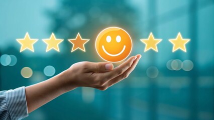 Customer Satisfaction Rating Displayed with Hand Holding Glowing Smiley Face Icon Among Five Stars for Feedback