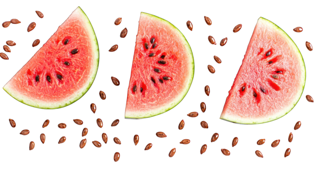Watermelon slices scattered with seeds on black backdrop