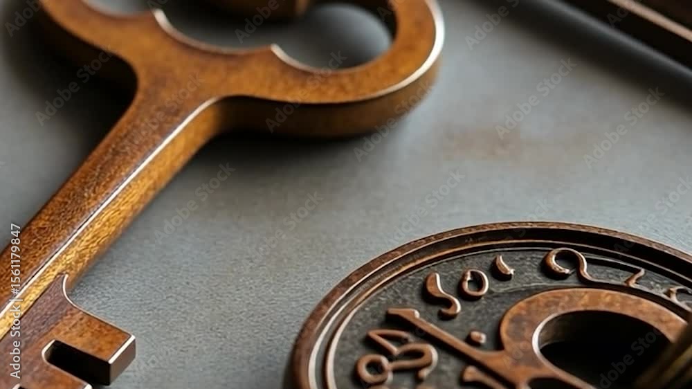 Aufkleber close-up view of intricately designed bronze key with the keyhole and other keys in the blurred back